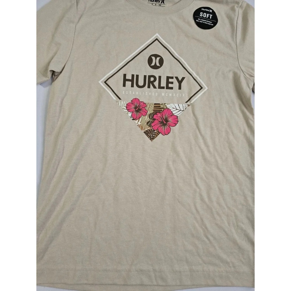 Hurley Boys Rattan Graphic T-Shirt Tan Hibiscus Logo Tee S 8-10 NWT